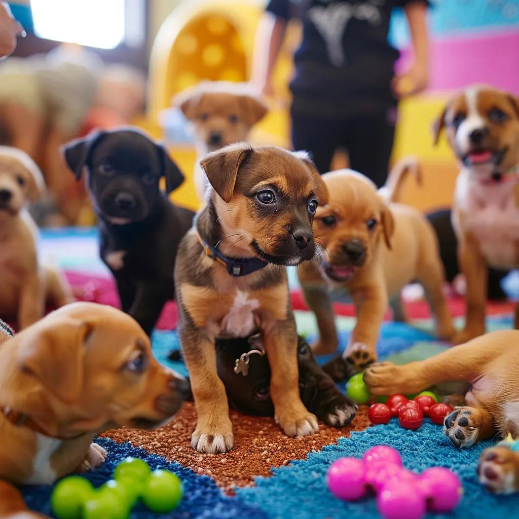 A group of puppies interacting positively with toys and a trainer during a socialization class