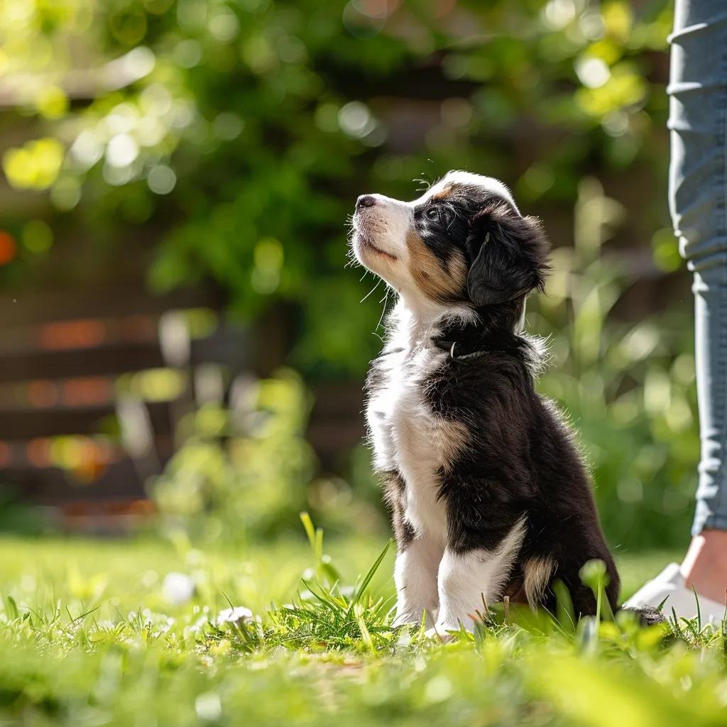 A puppy successfully completing potty training outdoors with a trainer nearby in a garden setting