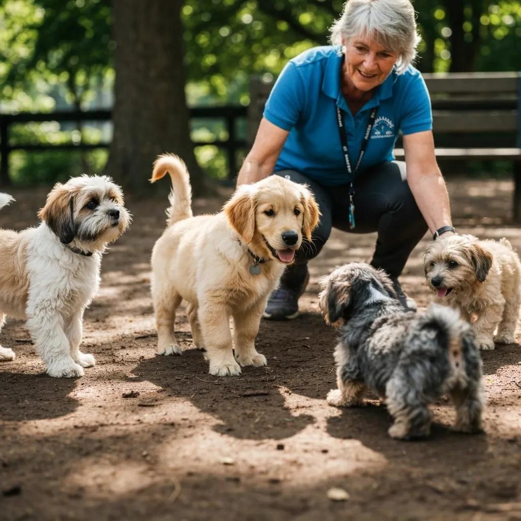 A group of playful puppies interacting with a trainer during a socialization and obedience class