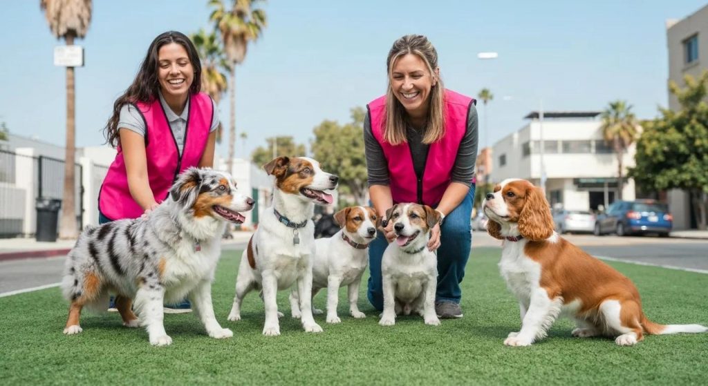 A puppy training class in Los Angeles featuring a diverse group of young dogs learning commands