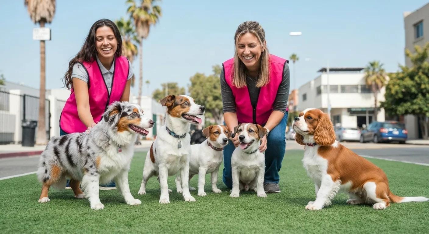 A puppy training class in Los Angeles featuring a diverse group of young dogs learning commands
