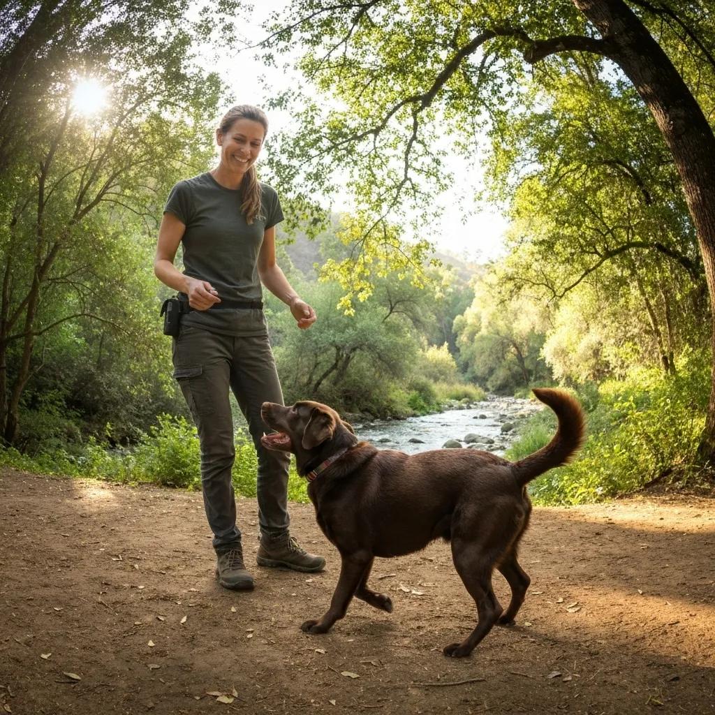 A certified dog trainer in Topanga using positive reinforcement with a happy dog amidst the beautiful scenery