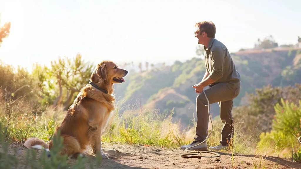 A golden retriever and a professional dog trainer working one-on-one in a sunny outdoor setting in Topanga, Los Angeles. The trainer is gently guiding the dog with a leash and hand signals. The background shows scenic California hills, bright sky, and nature. The atmosphere feels calm, positive, and professional, emphasizing exclusive personalized dog training. Photorealistic, high resolution, lifestyle photography style.