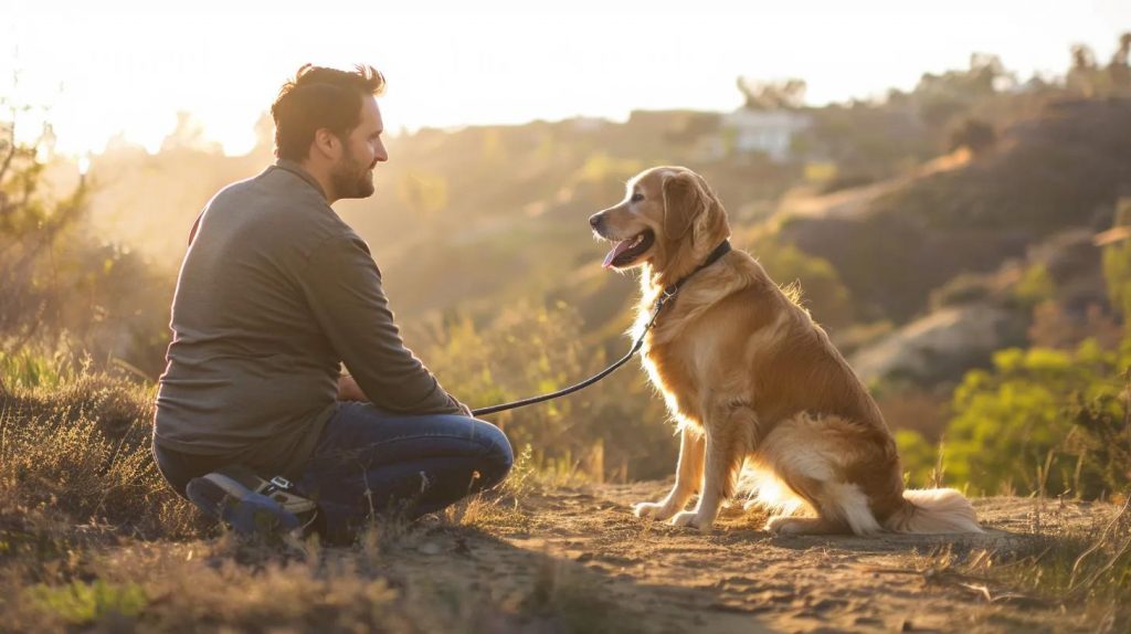 A golden retriever and a professional dog trainer working one-on-one in a sunny outdoor setting in Topanga, Los Angeles. The trainer is gently guiding the dog with a leash and hand signals. The background shows scenic California hills, bright sky, and nature. The atmosphere feels calm, positive, and professional, emphasizing exclusive personalized dog training. Photorealistic, high resolution, lifestyle photography style.