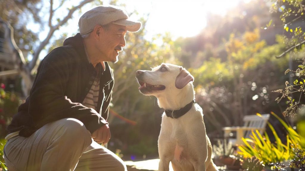 A dog and a professional dog trainer working one-on-one in a sunny outdoor setting in Topanga, Los Angeles