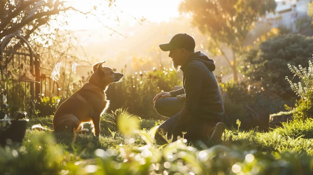 A dog and a professional dog trainer working one-on-one in a sunny outdoor setting in Topanga, Los Angeles