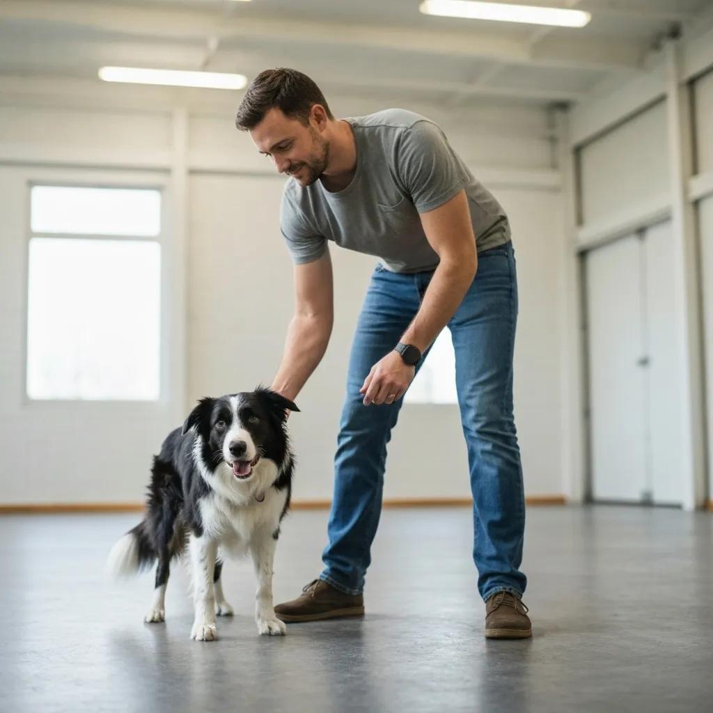 A certified trainer working with a dog on behavior modification techniques to address anxiety and reactivity