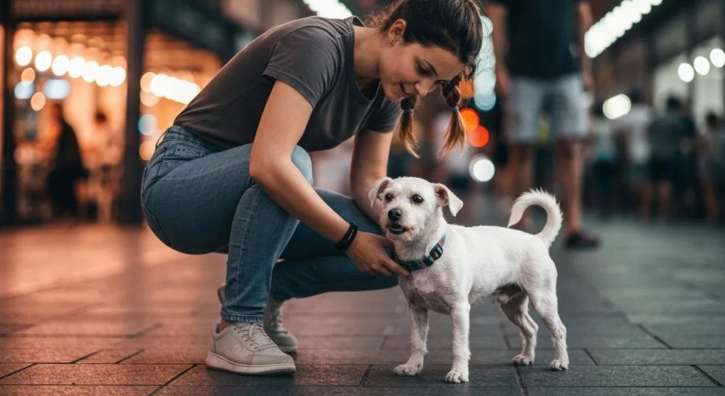 A dog trainer employing behavior modification techniques with a nervous dog in an urban setting