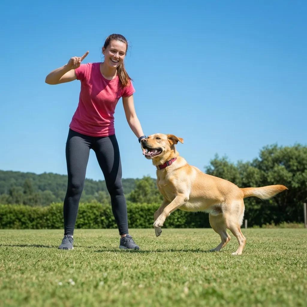Dog training session in a scenic outdoor setting with a trainer and a happy dog