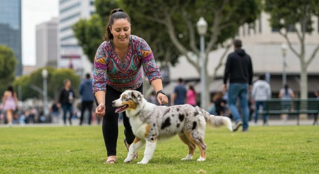 A dog trainer in Los Angeles employing positive reinforcement techniques with a young dog in a city park setting