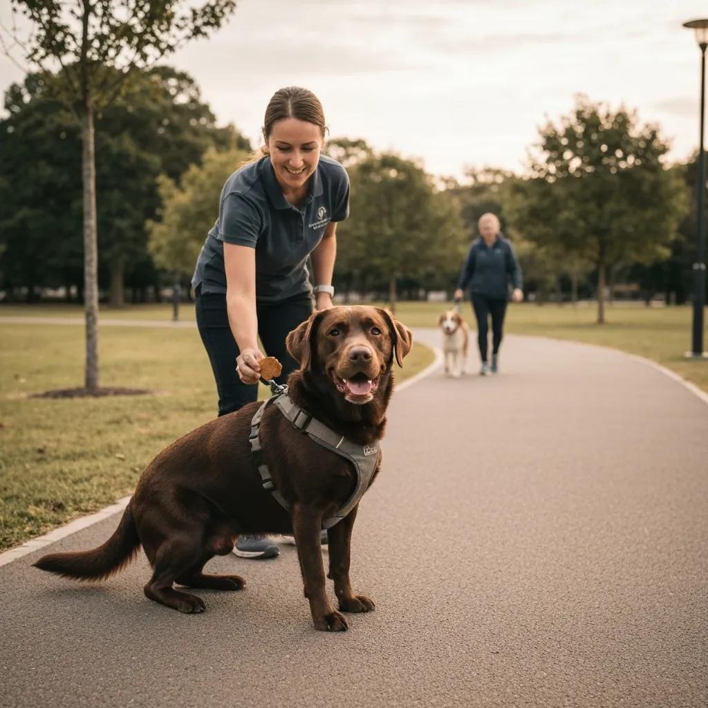 A dog calmly observing a mild trigger in a controlled training setting during desensitization