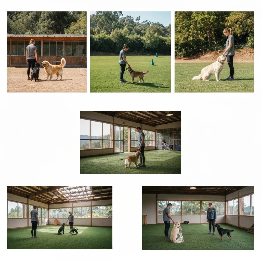 A dog training facility in Topanga featuring spacious training areas and dogs actively engaged in learning activities