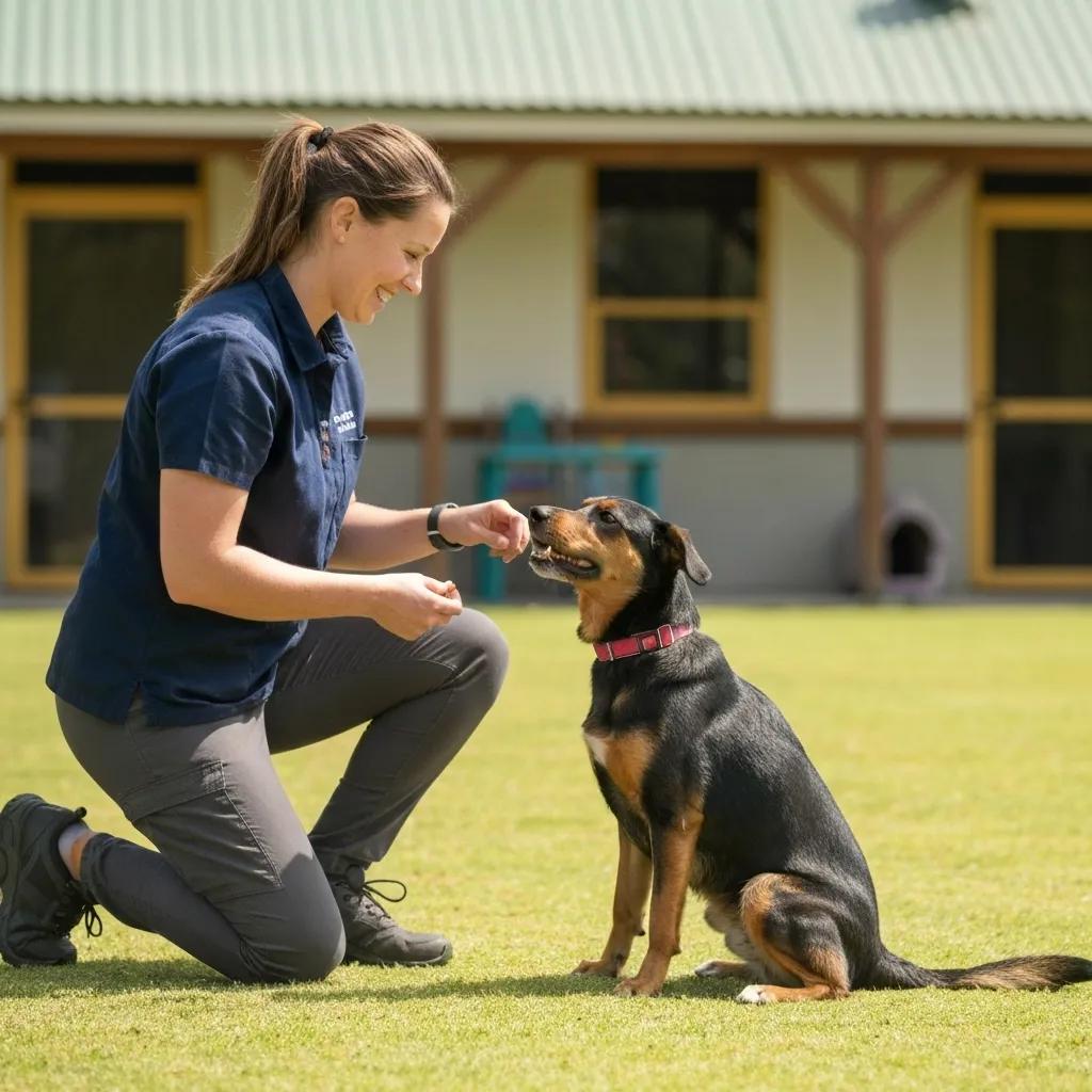 Dog training session with positive reinforcement techniques at a pet resort