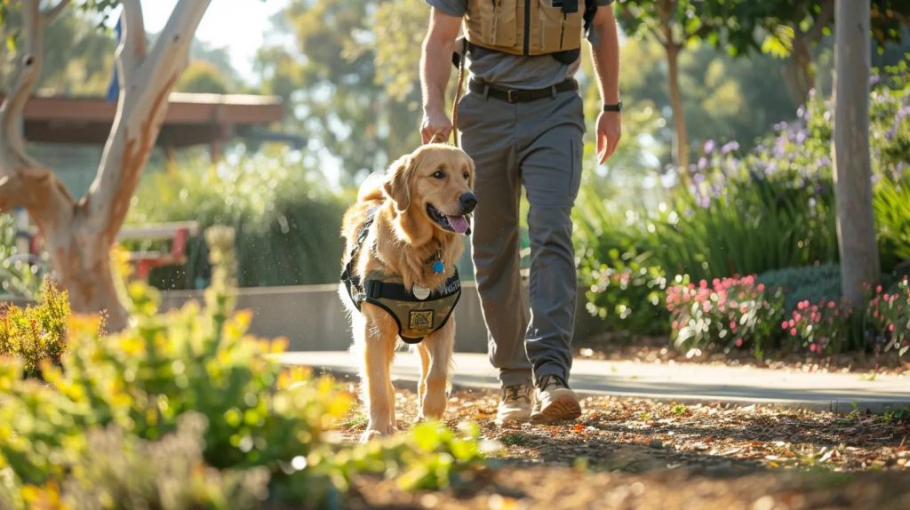 A professional dog trainer in a clean, modern outdoor facility in Los Angeles, working one-on-one with a focused golden retriever wearing a service dog vest. The setting includes sunlit training zones with agility equipment and calming greenery in the background. Both handler and dog are mid-session, practicing obedience or task work. The atmosphere feels warm, empowering, and purposeful—highlighting the transformation of a pet into a highly trained service companion