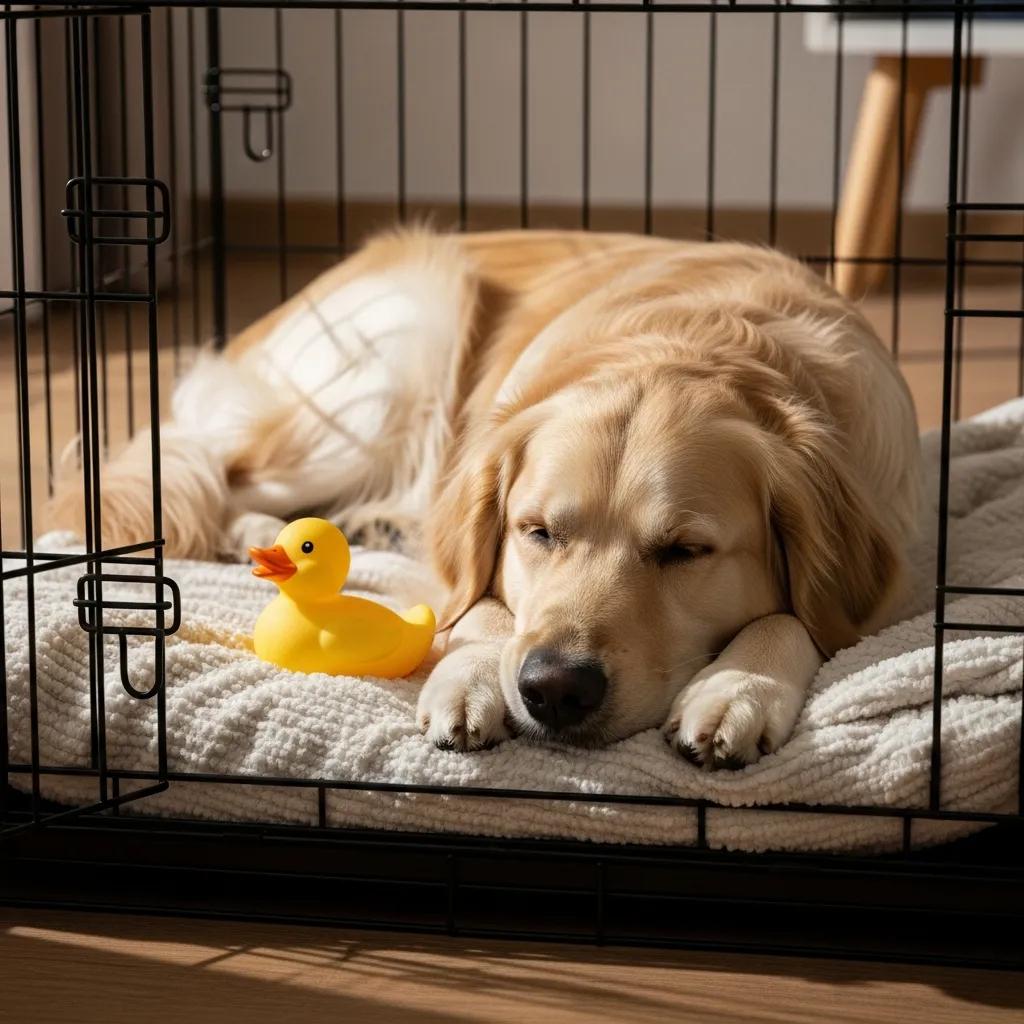 Dog resting comfortably in a crate with familiar blanket and toy