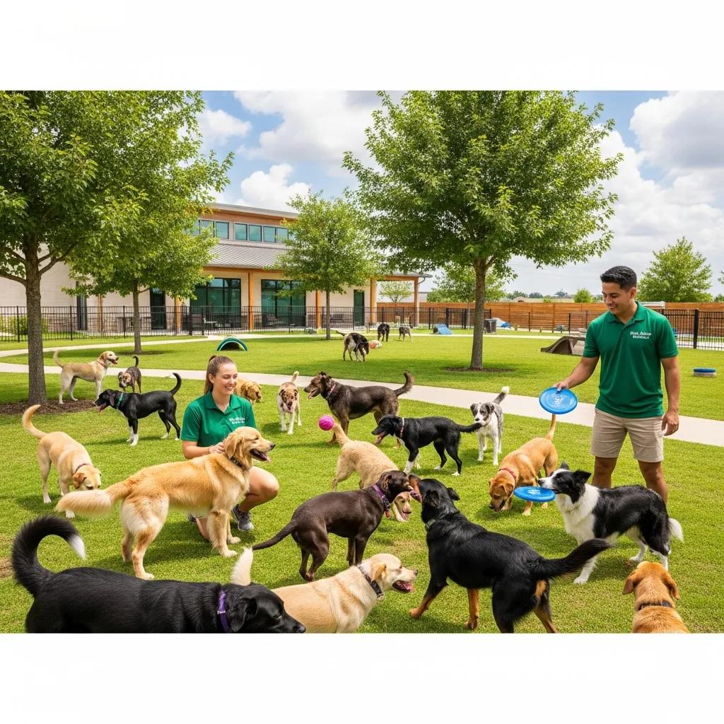 Dogs engaged in supervised playtime at Topanga Pet Resort