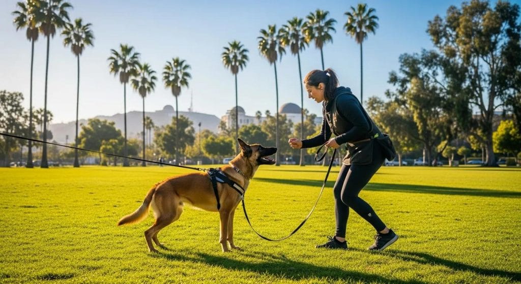 A professional trainer working with a dog in a sunny Los Angeles park