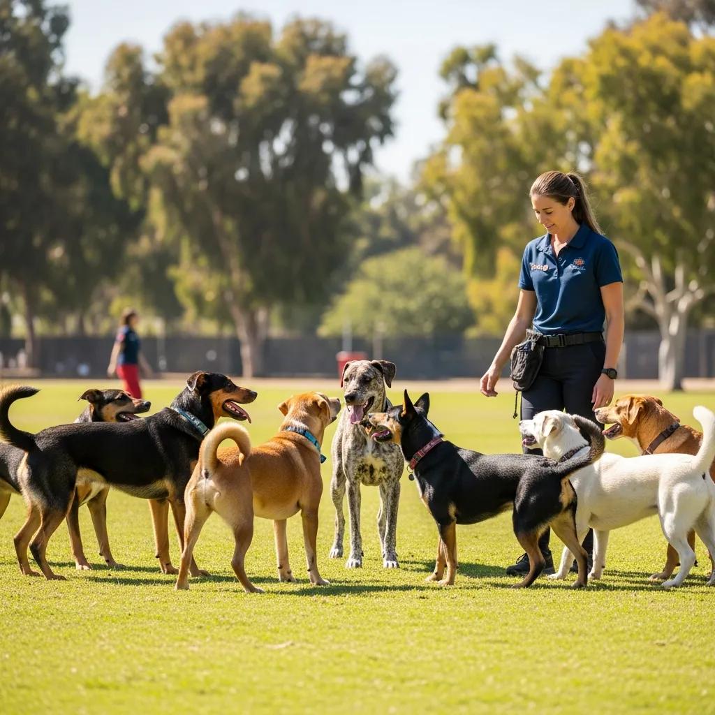 dogs socializing in a training session in los angeles showcasing diverse breeds and a sunny park setting b3249382 0ec8 4602 b4b6 552ba12a45f5