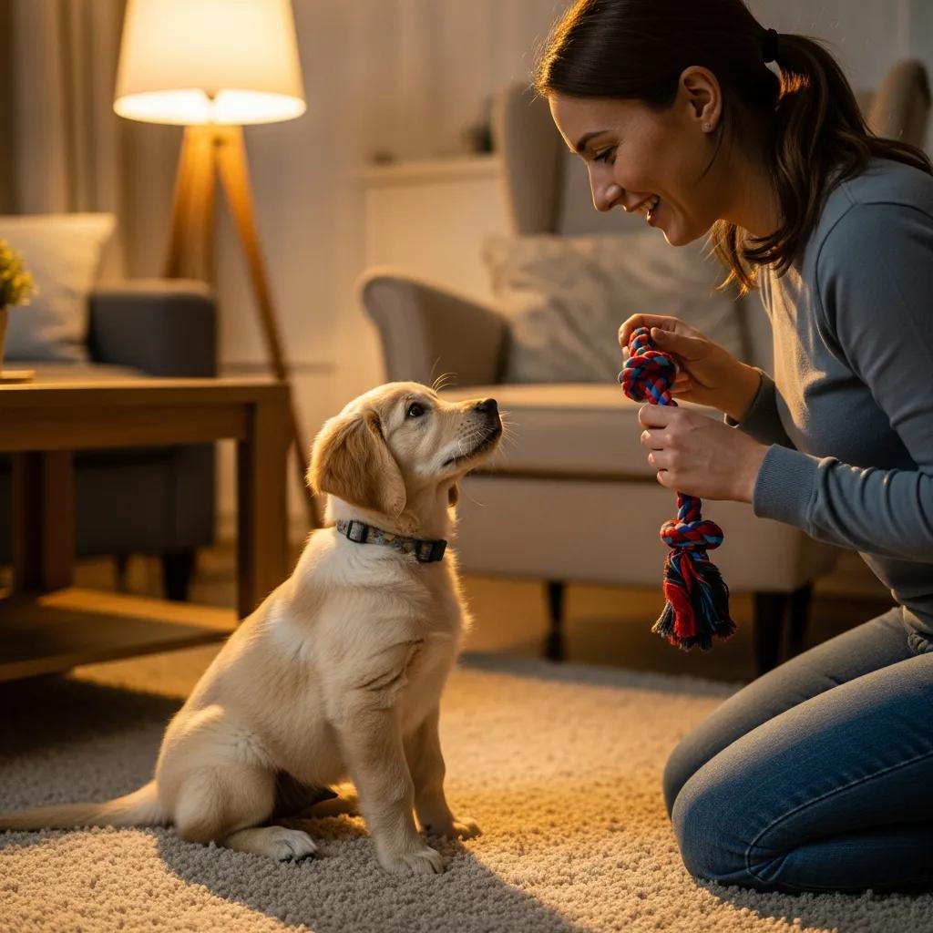 puppy interacting with its owner during a training session in a cozy living room 2e0c8d39 d98c 4808 900f b86f3bbdc7b5