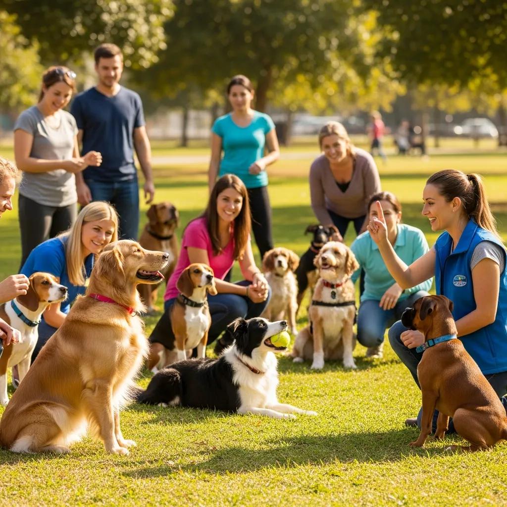 Dogs in a group training class practicing obedience commands with their owners