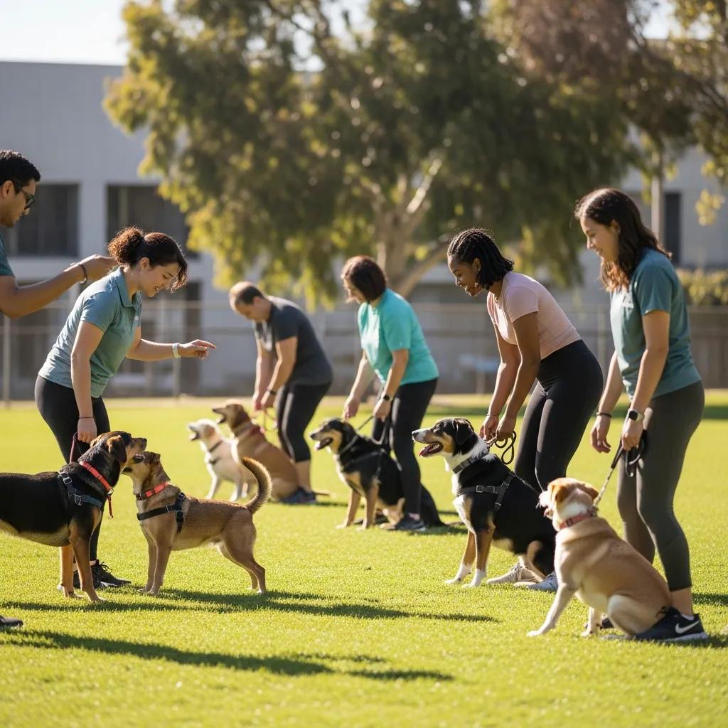 Group dog training class in Los Angeles with owners and dogs engaging in training exercises