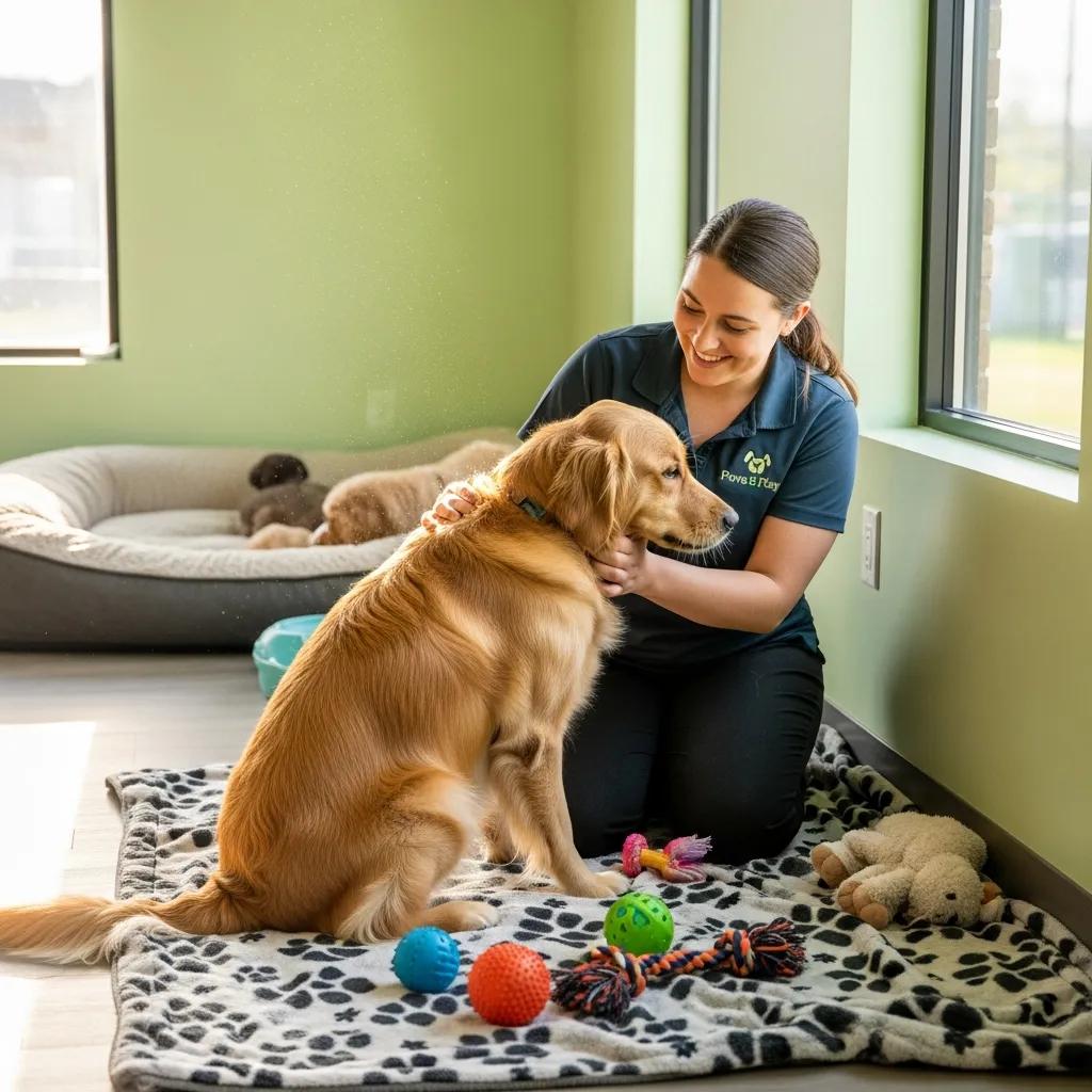 Happy dog being prepared for boarding in a cozy environment with toys and a friendly staff member