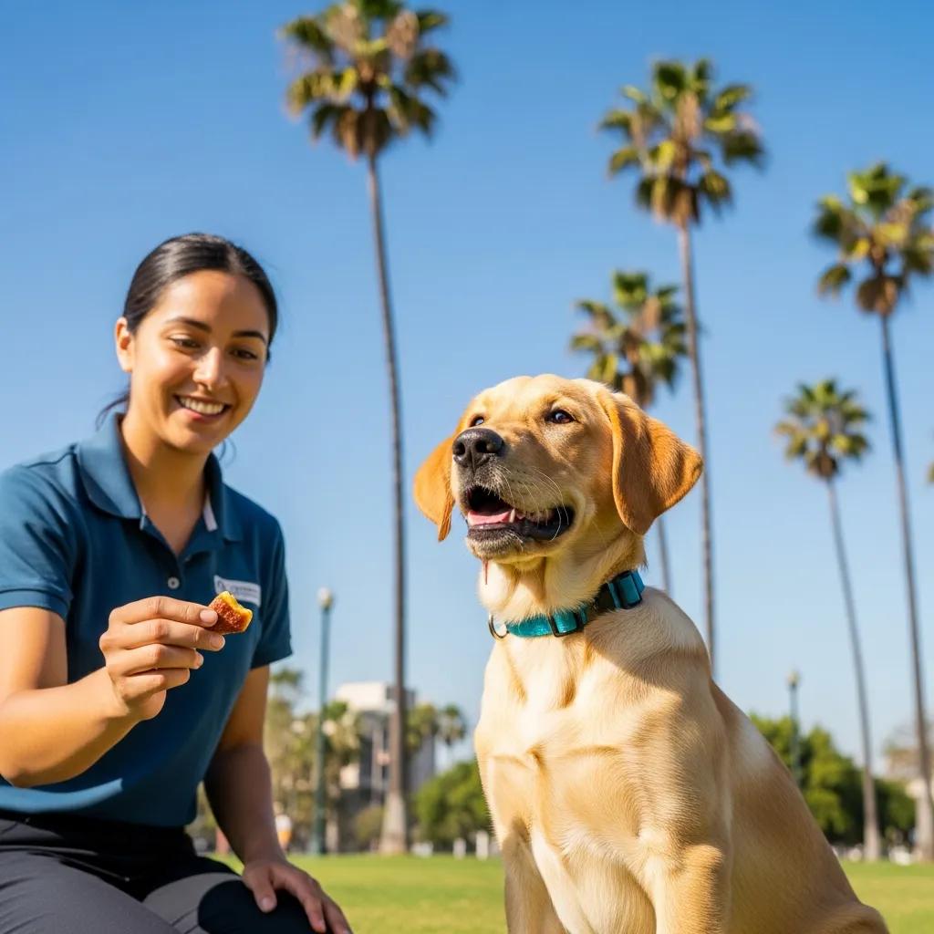 Puppy training in Los Angeles with a trainer using positive reinforcement in a sunny park