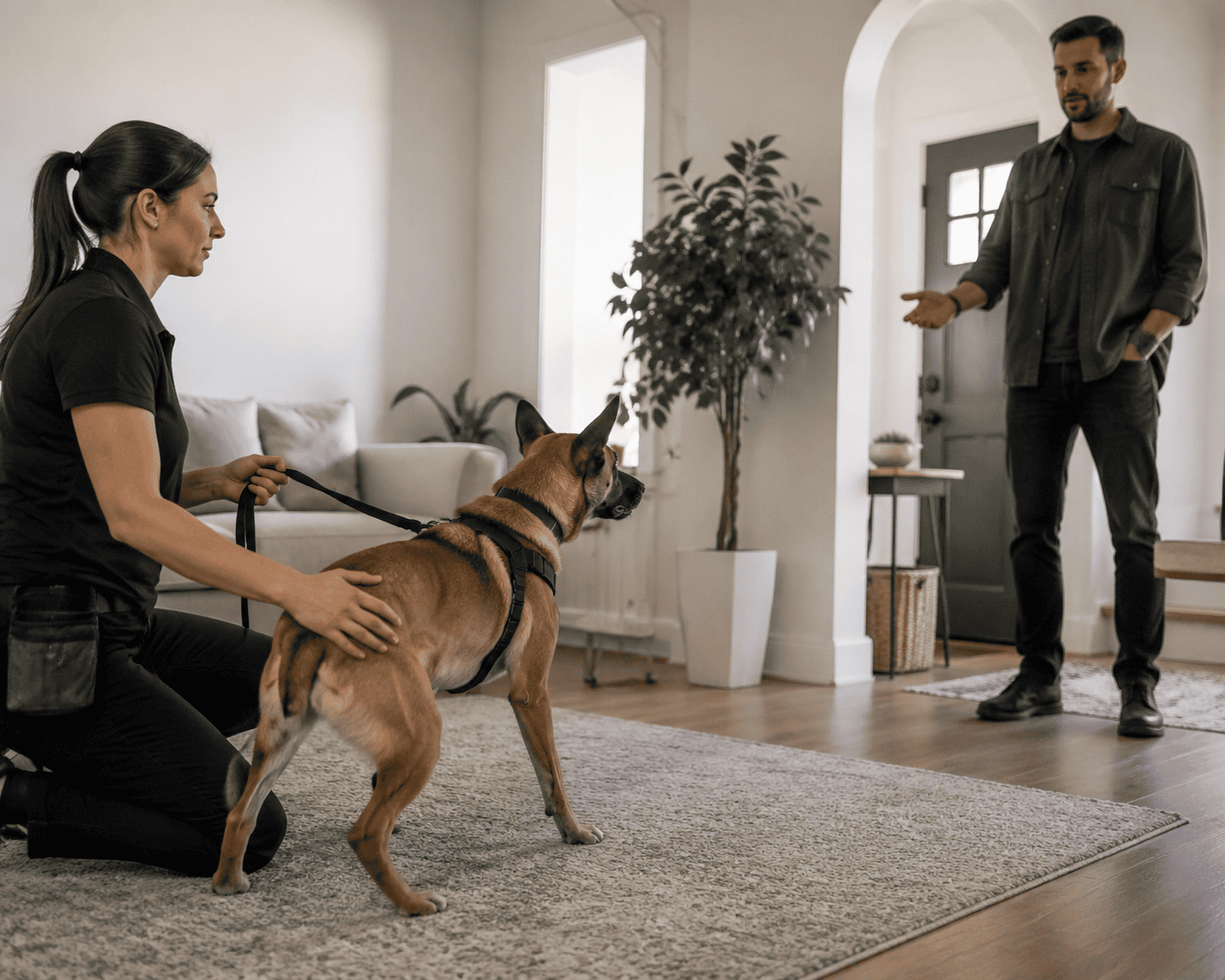 Professional trainer calmly working with a reactive dog during a controlled guest introduction Professional trainer calmly working with a reactive dog during a controlled guest introduction