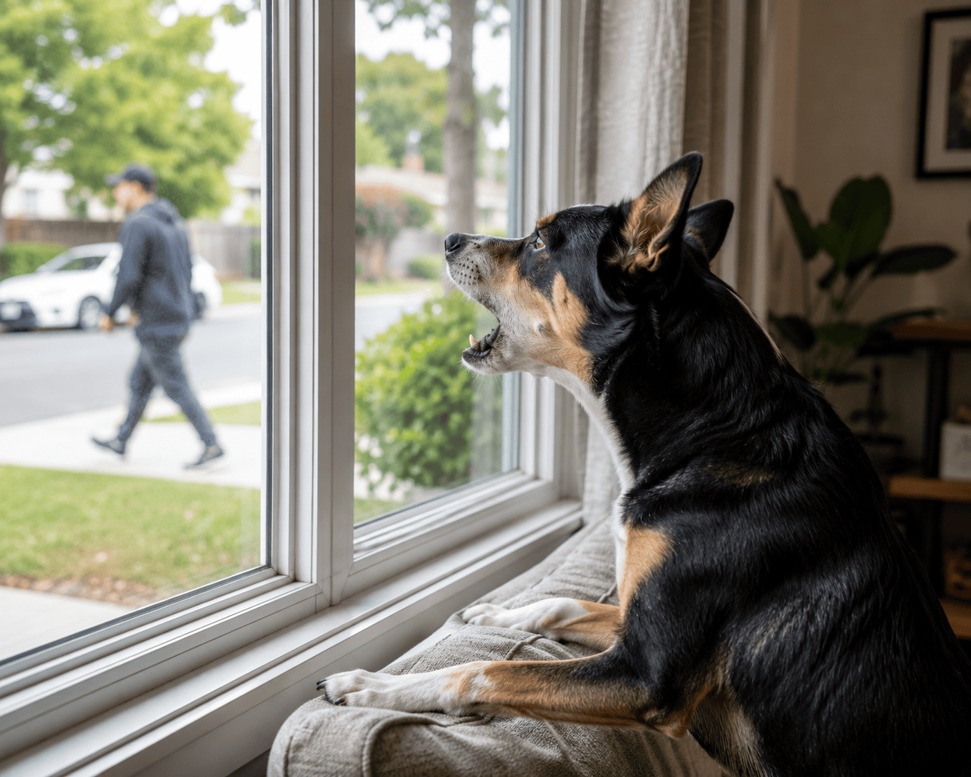 Dog barking at a window while watching people outside.