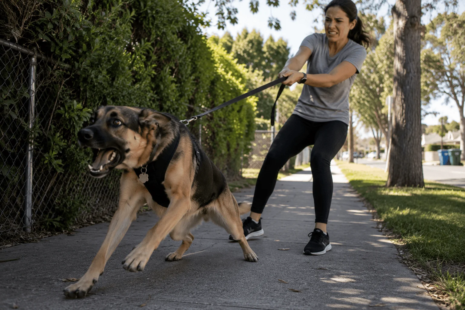Dog-pulling-hard-on-the-leash-while-the-owner-struggles-to-keep-control