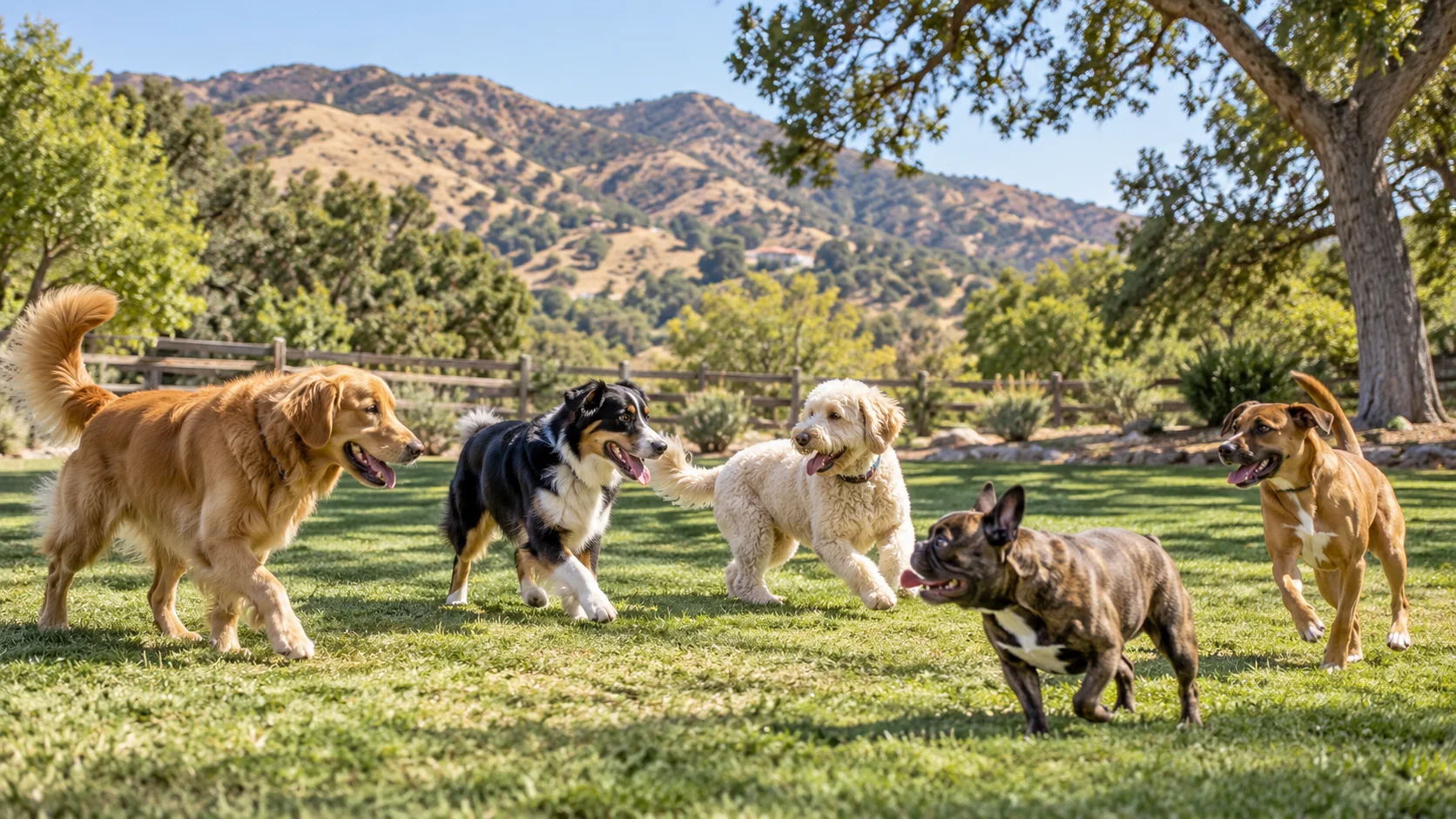 Dogs playing together in a supervised outdoor yard on the grounds of Topanga Pet Resort in Topanga Canyon