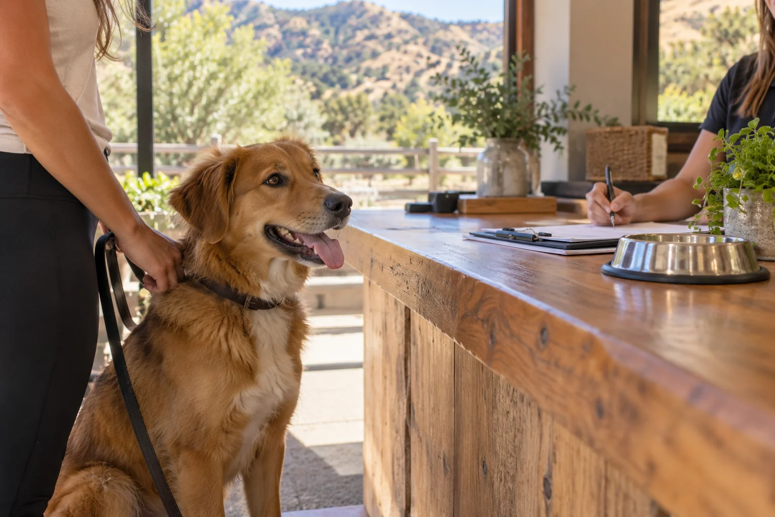 Dog owner handing vaccination records to a staff member at the check-in counter before a boarding stay