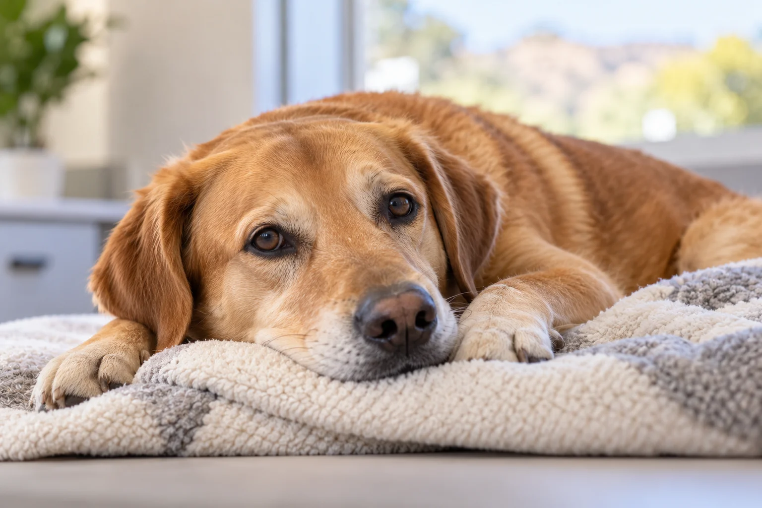 Calm dog resting comfortably after a vet visit