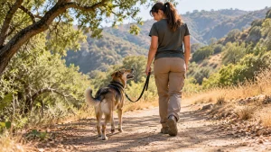 Trainer walking a dog on a loose leash in Topanga Canyon during canine good citizen training