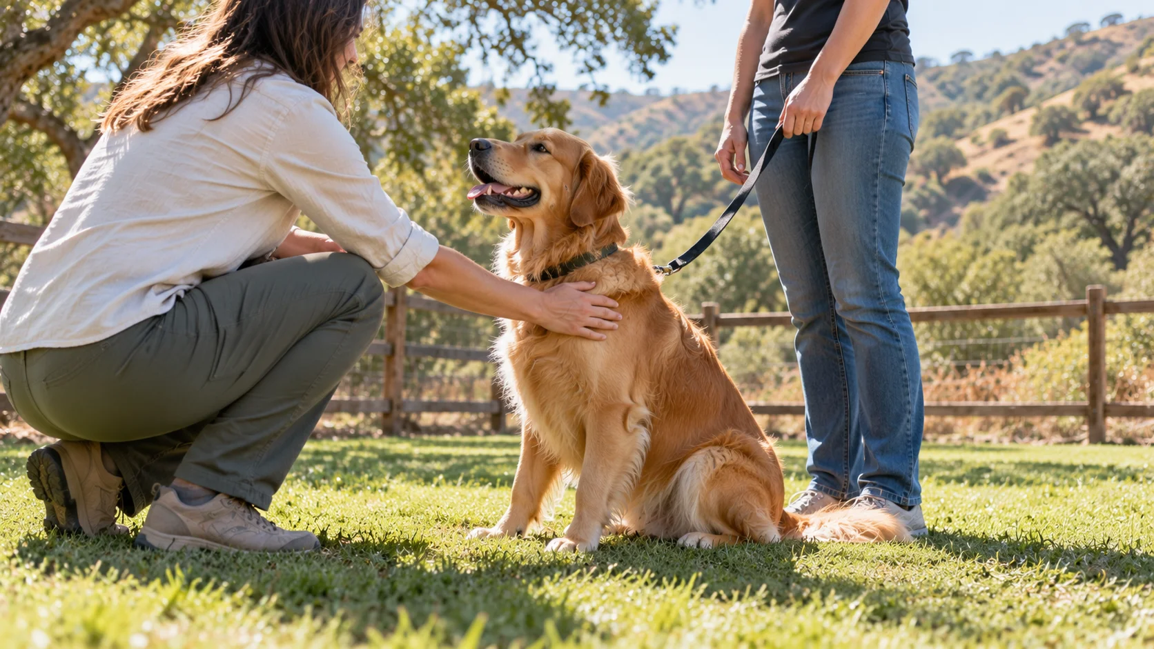 Evaluator gently petting a sitting dog during a canine good citizen test while the handler stands beside it