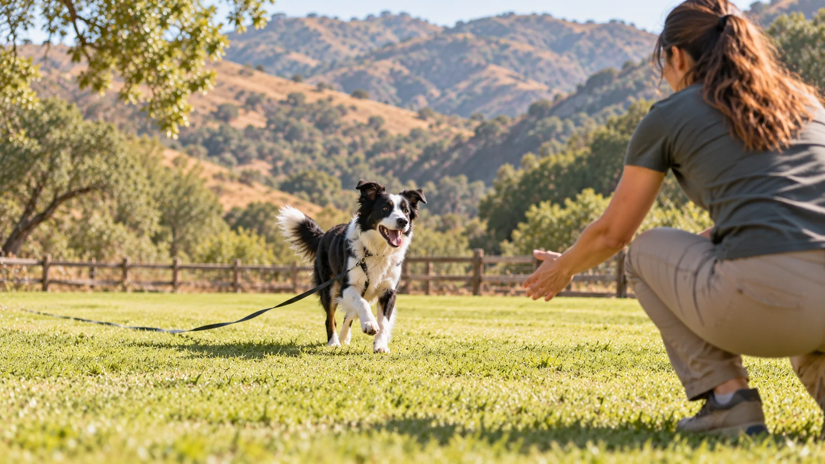 Dog running back to its handler on a long line during canine good citizen training in Topanga Canyon