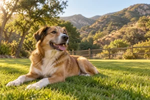 Dog resting on grass in a sunlit yard with Topanga Canyon hills behind it