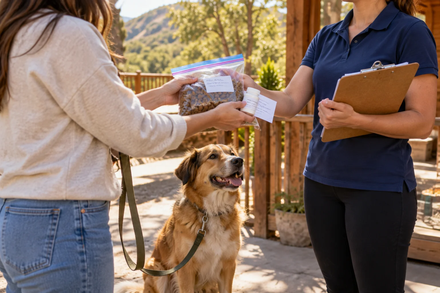 Owner handing pre-measured, labeled dog food and labeled medication to a staff member at a boarding drop-off