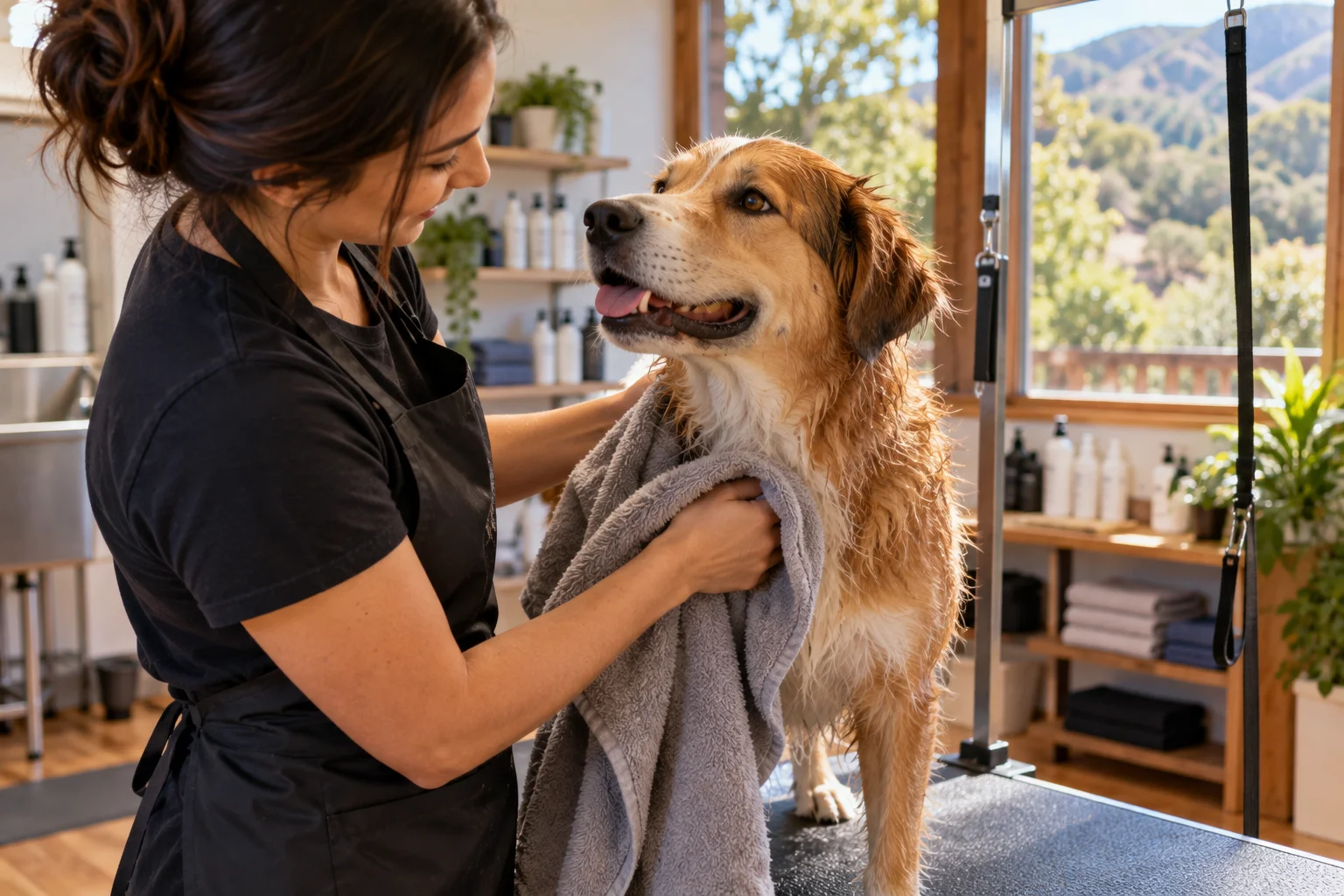 Groomer gently drying a calm dog on a grooming table after a bath