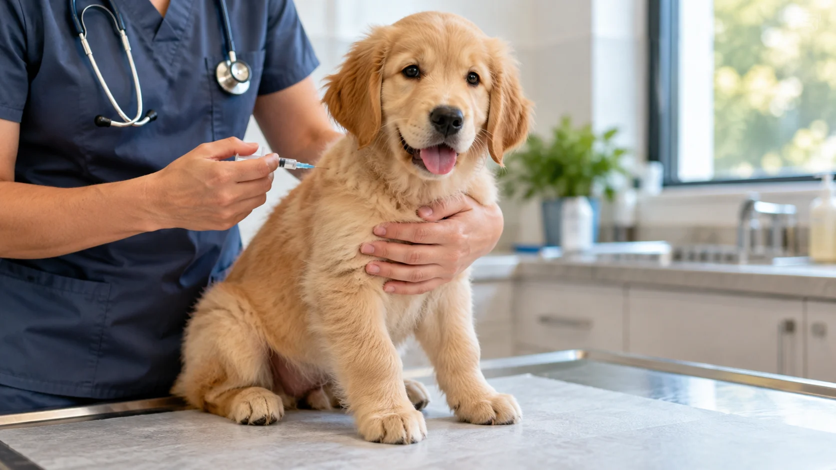 Calm puppy being held on an exam table during a veterinary vaccine visit
