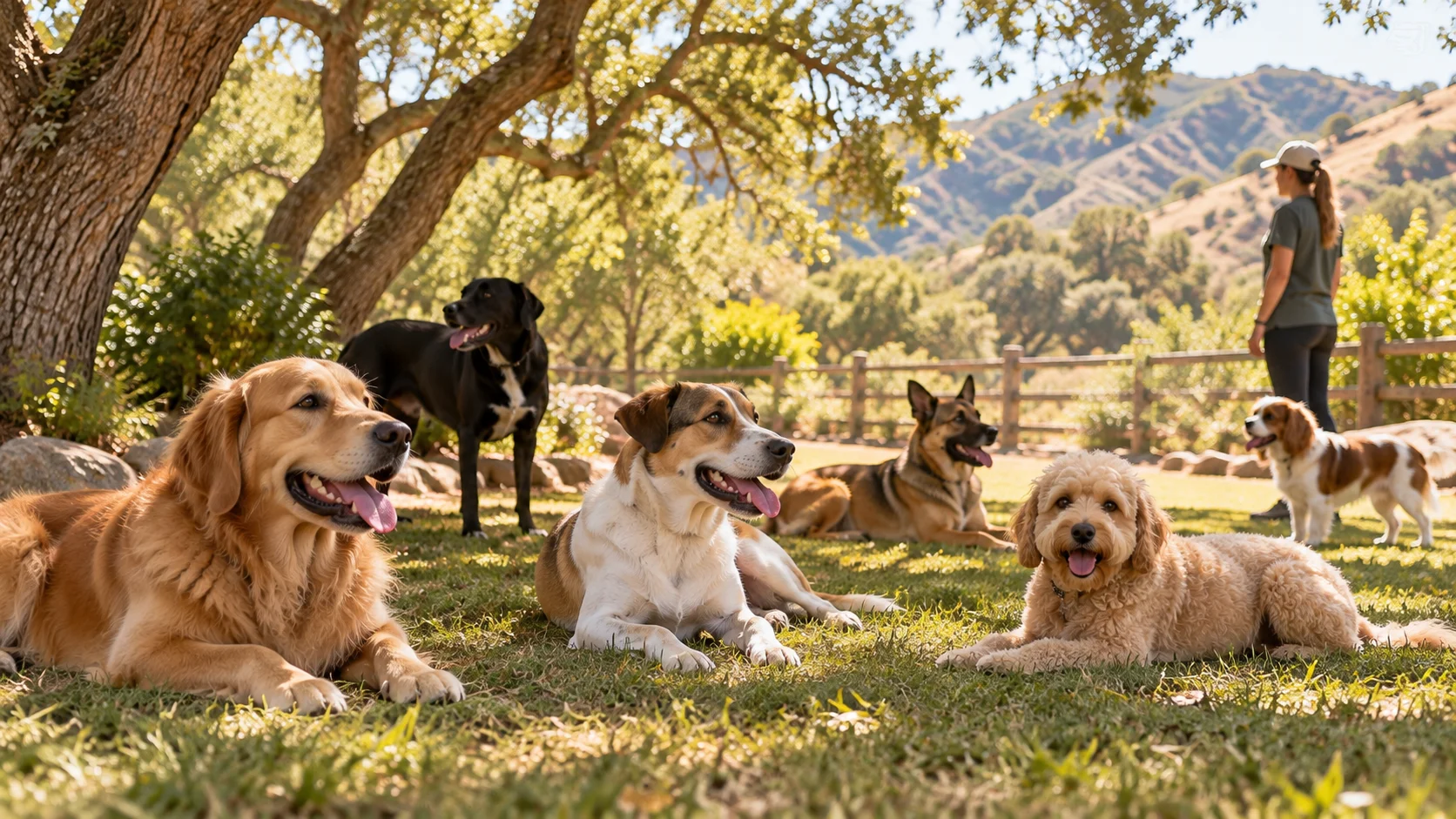 Mixed-size dogs resting in the shade of oak trees in a supervised outdoor yard in Topanga Canyon
