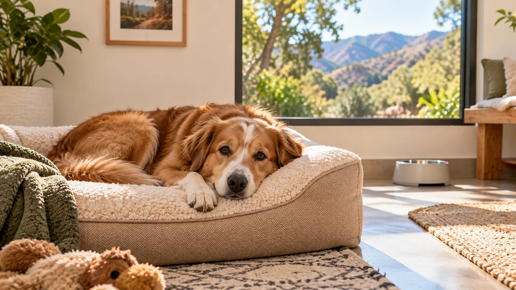 Healthy dog resting on a cozy bed in a private indoor boarding room