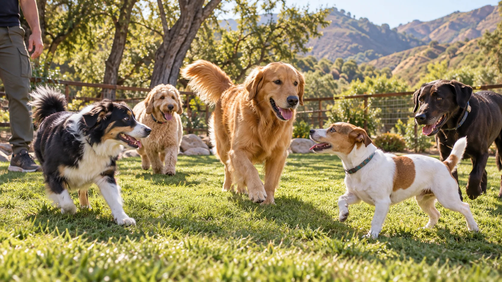Dogs playing in a supervised group on the open grounds at Topanga Pet Resort