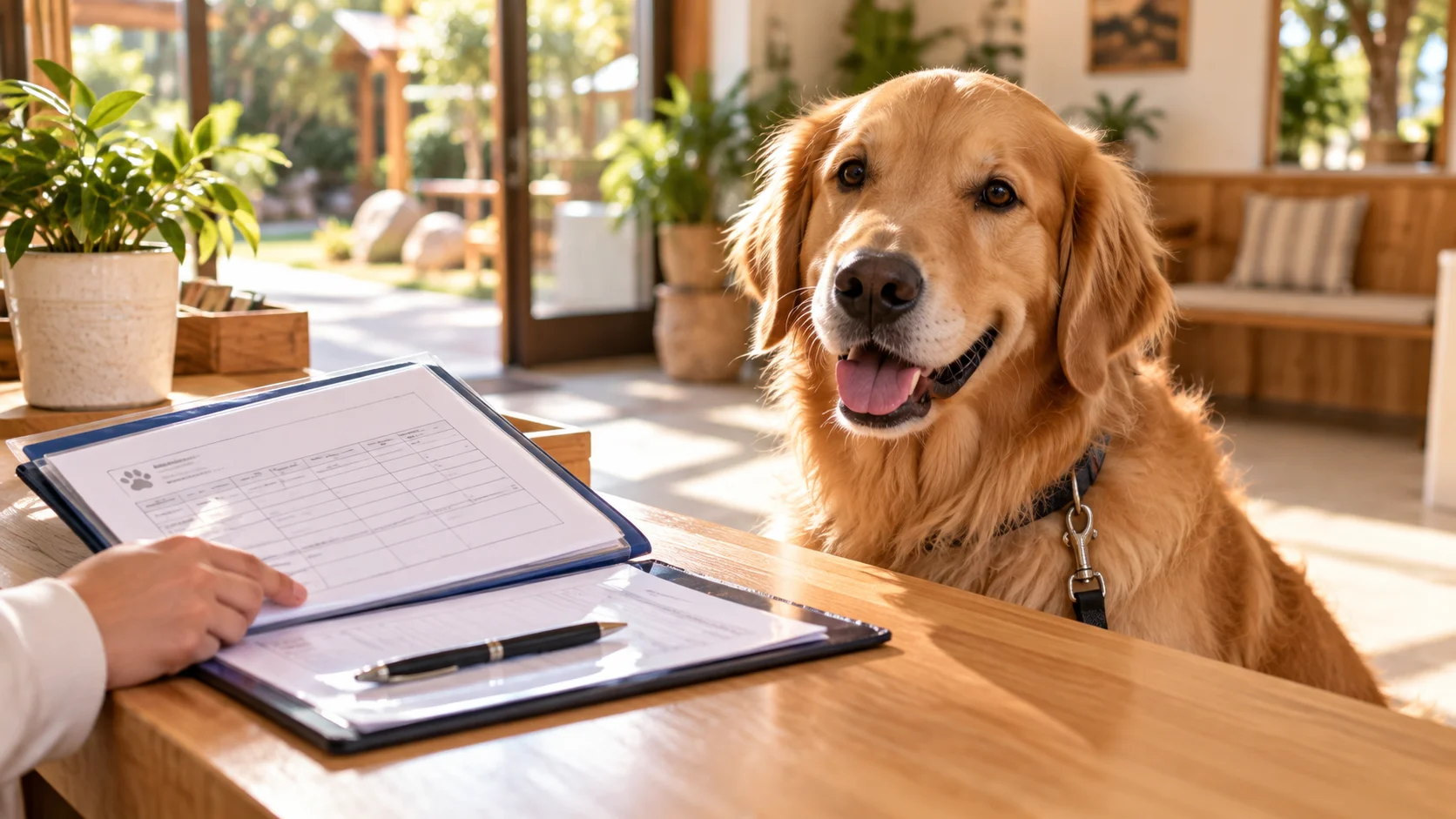 Vaccine record and a calm dog at the check-in desk before a boarding stay