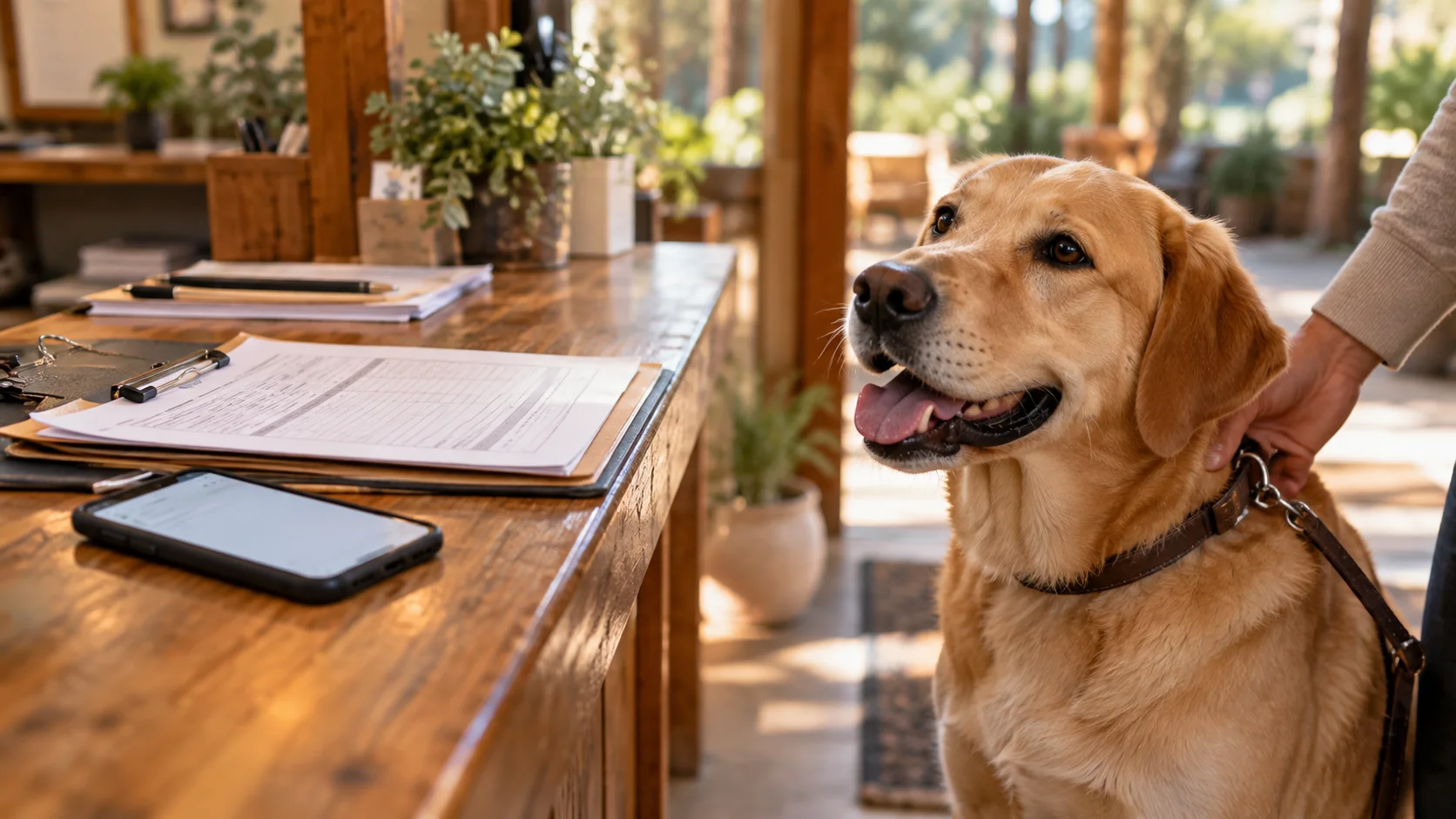 Dog waiting at a boarding check-in counter beside vaccination records