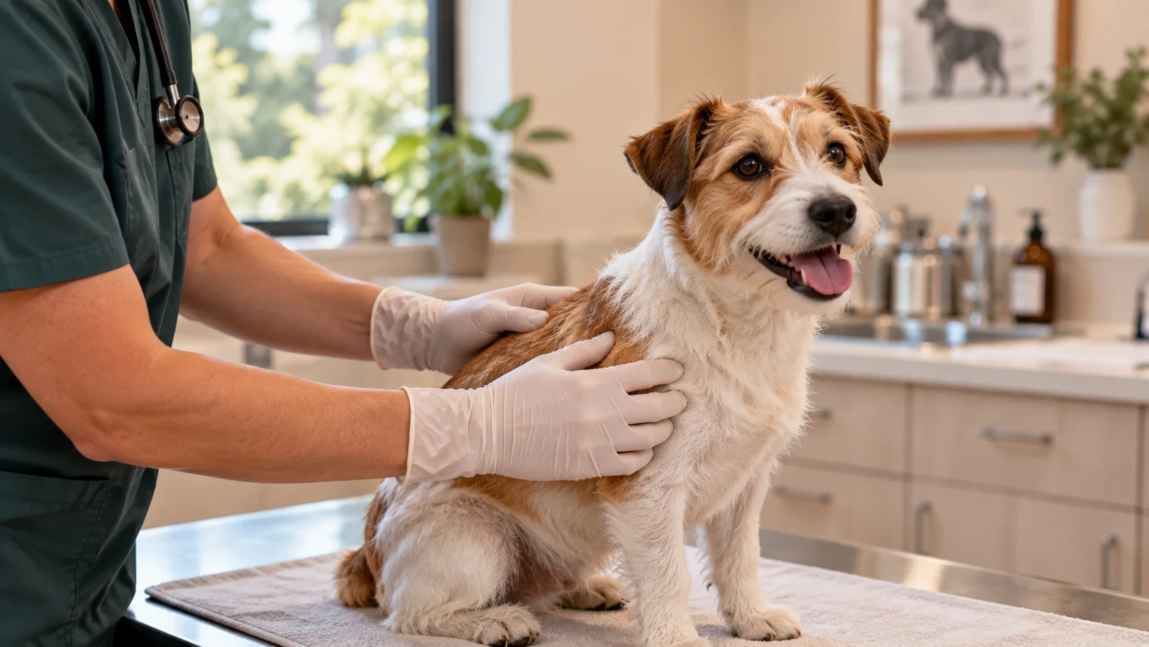 Veterinarian gently checking a small dog before a vaccine appointment