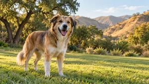 Dog standing in an open grassy yard with oak trees and canyon hills behind it