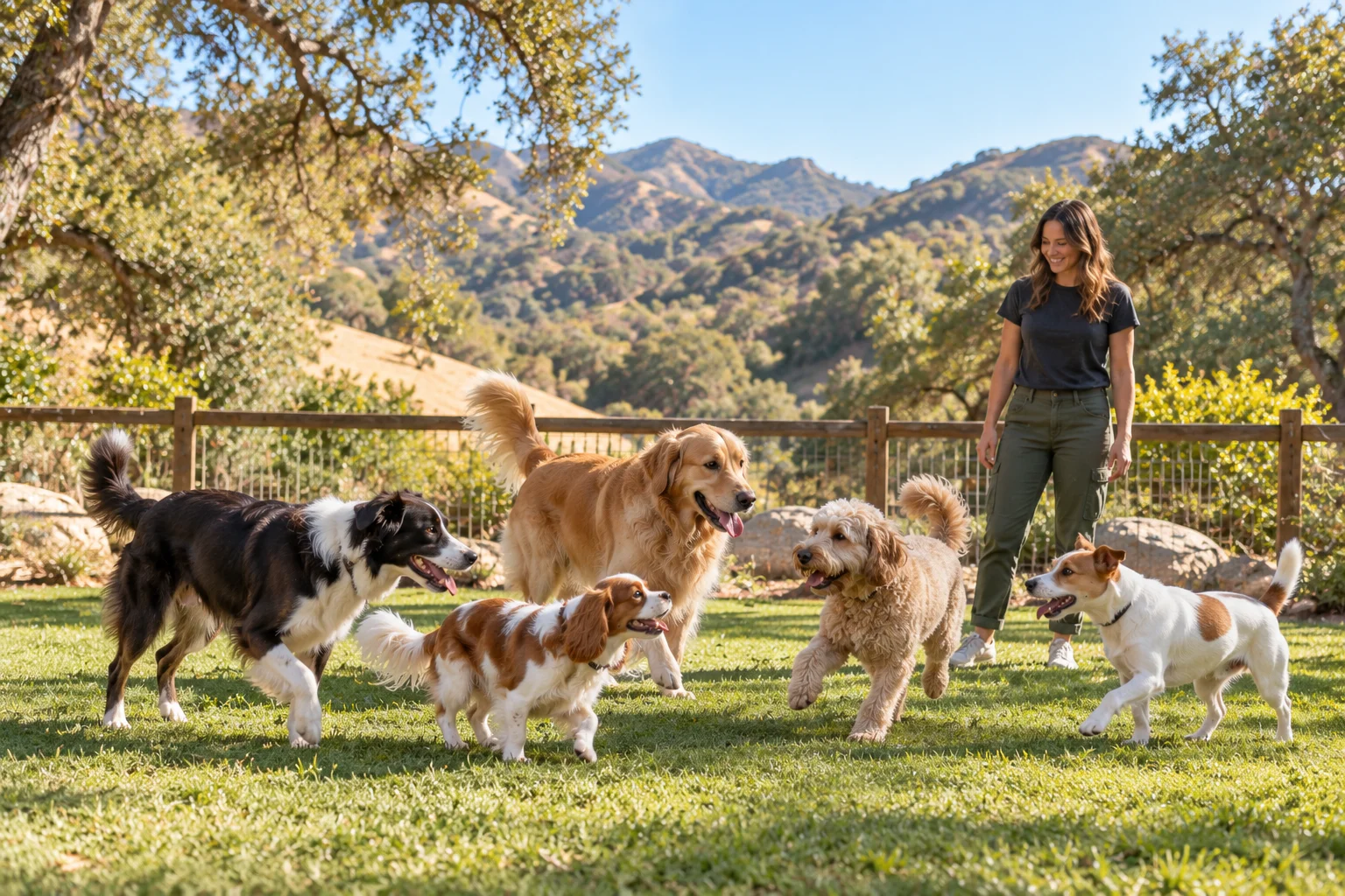 Dogs of different sizes playing in a supervised grassy yard in Topanga Canyon